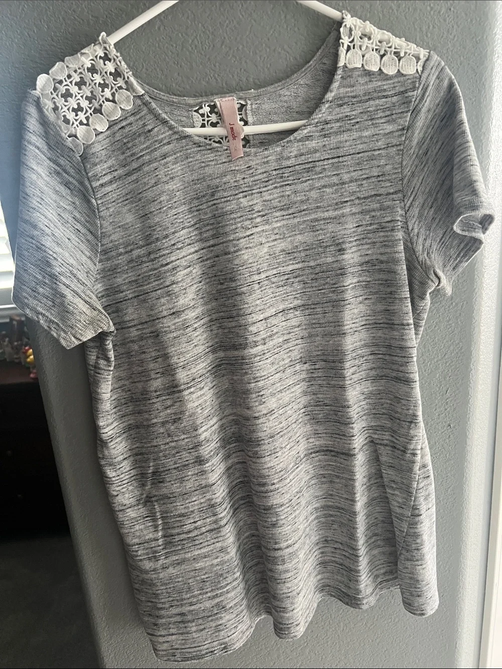 Gray Heather Short Sleeve Tee with Lace Shoulder Detail